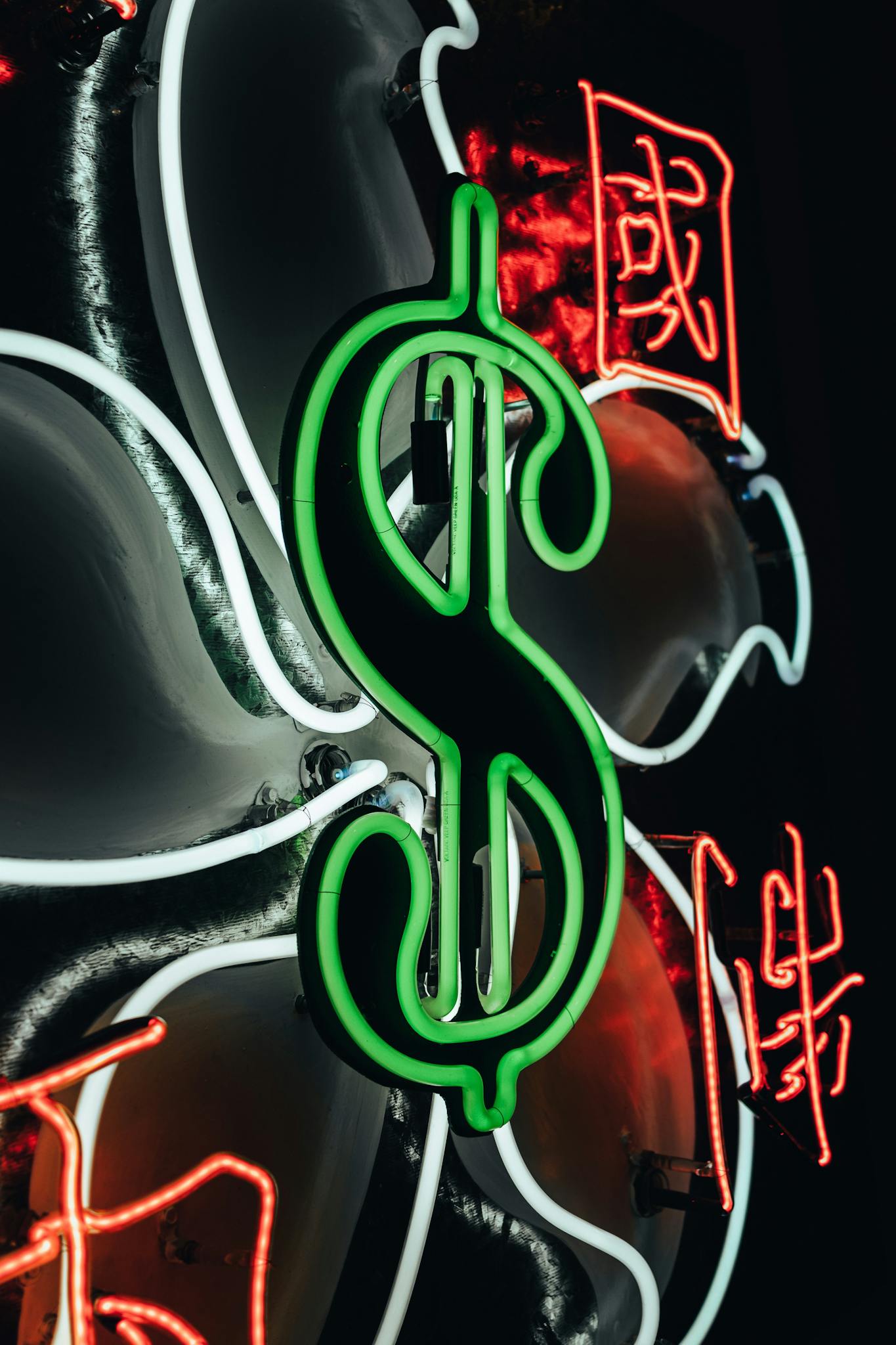 Captivating neon signage featuring an illuminated dollar sign with Chinese characters, vibrant and artistic.
